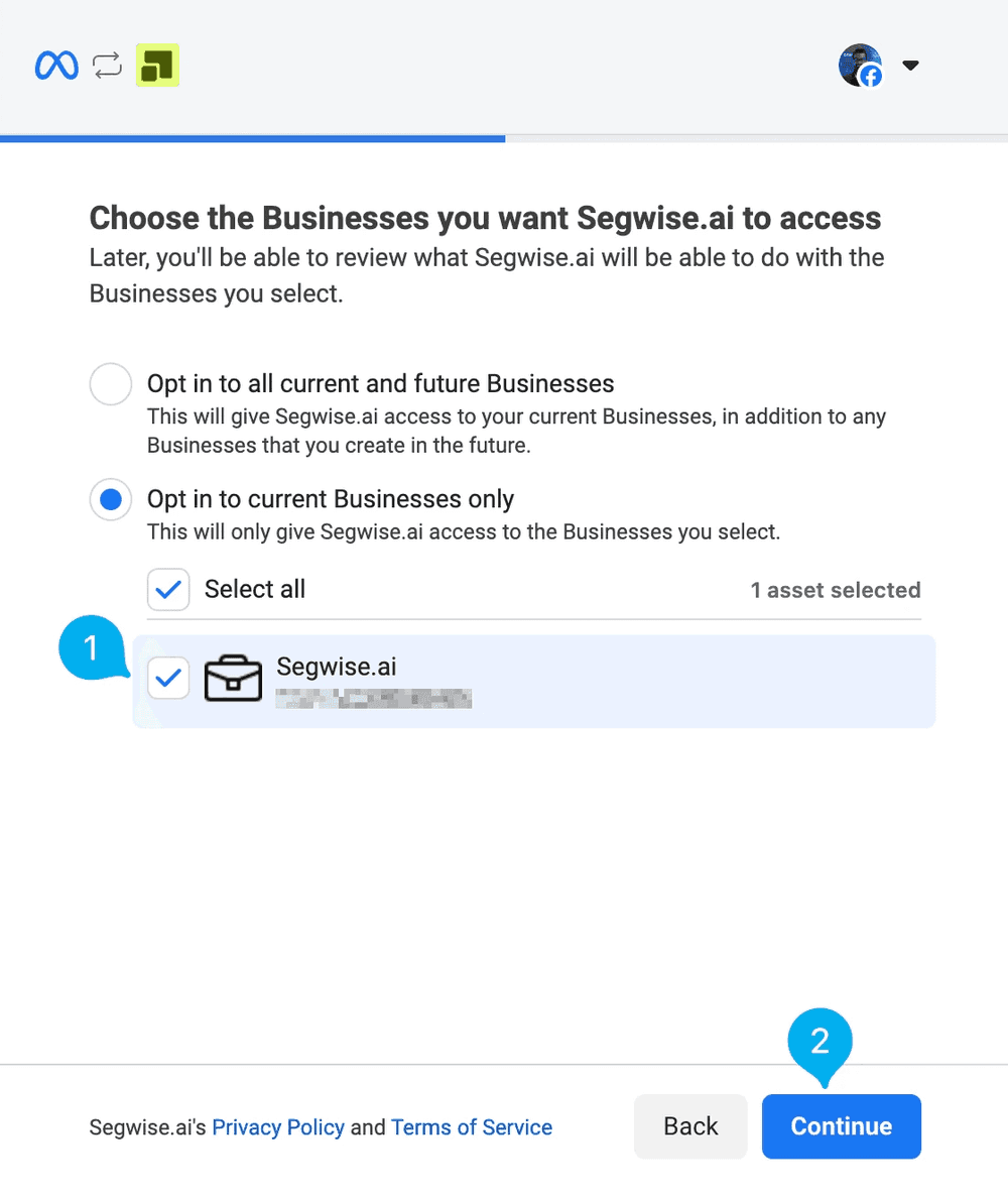 Meta Step 3: Choose Facebook Business(es) screenshot 1
