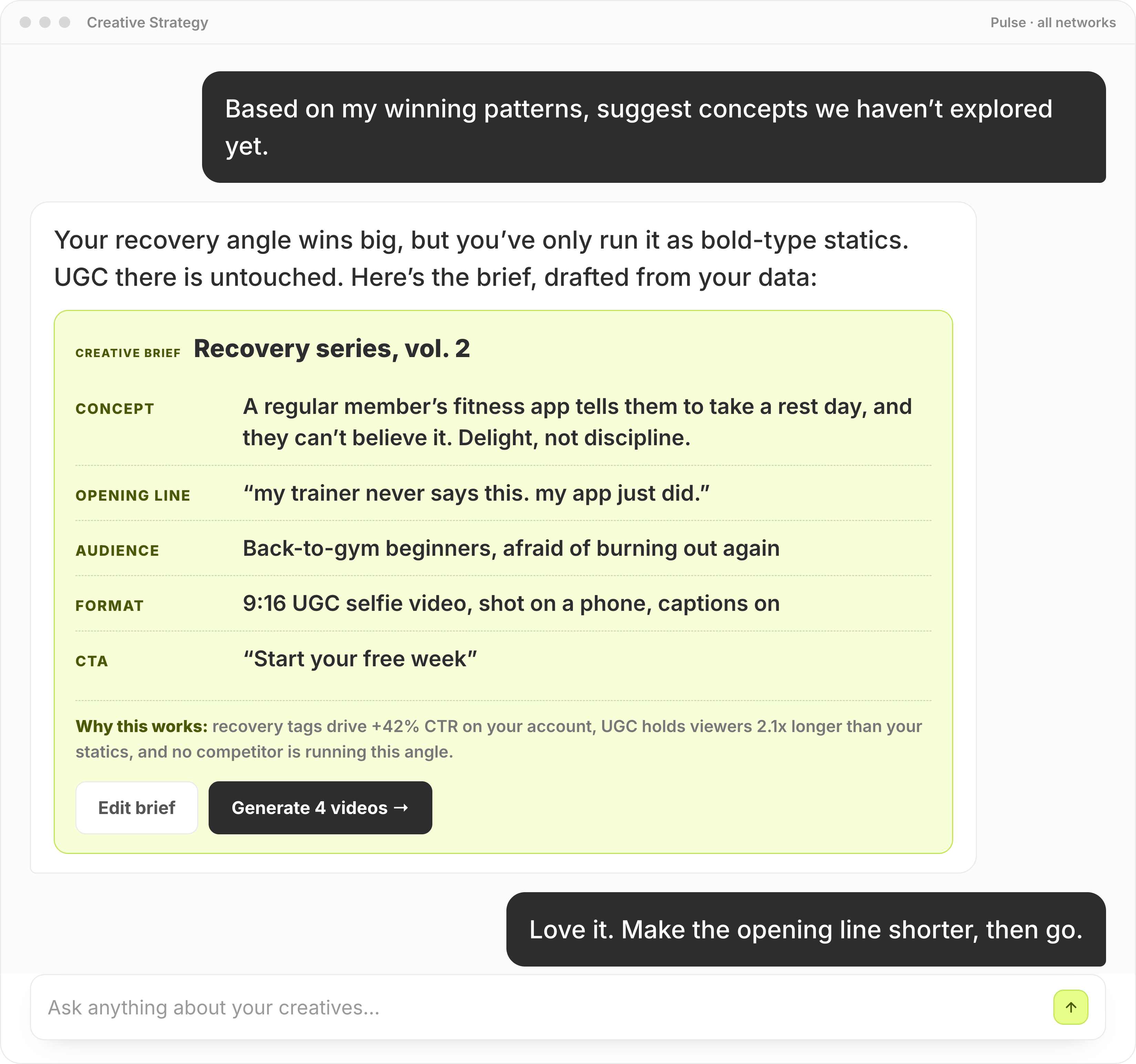 Segwise drafting a creative brief from winning patterns in chat
