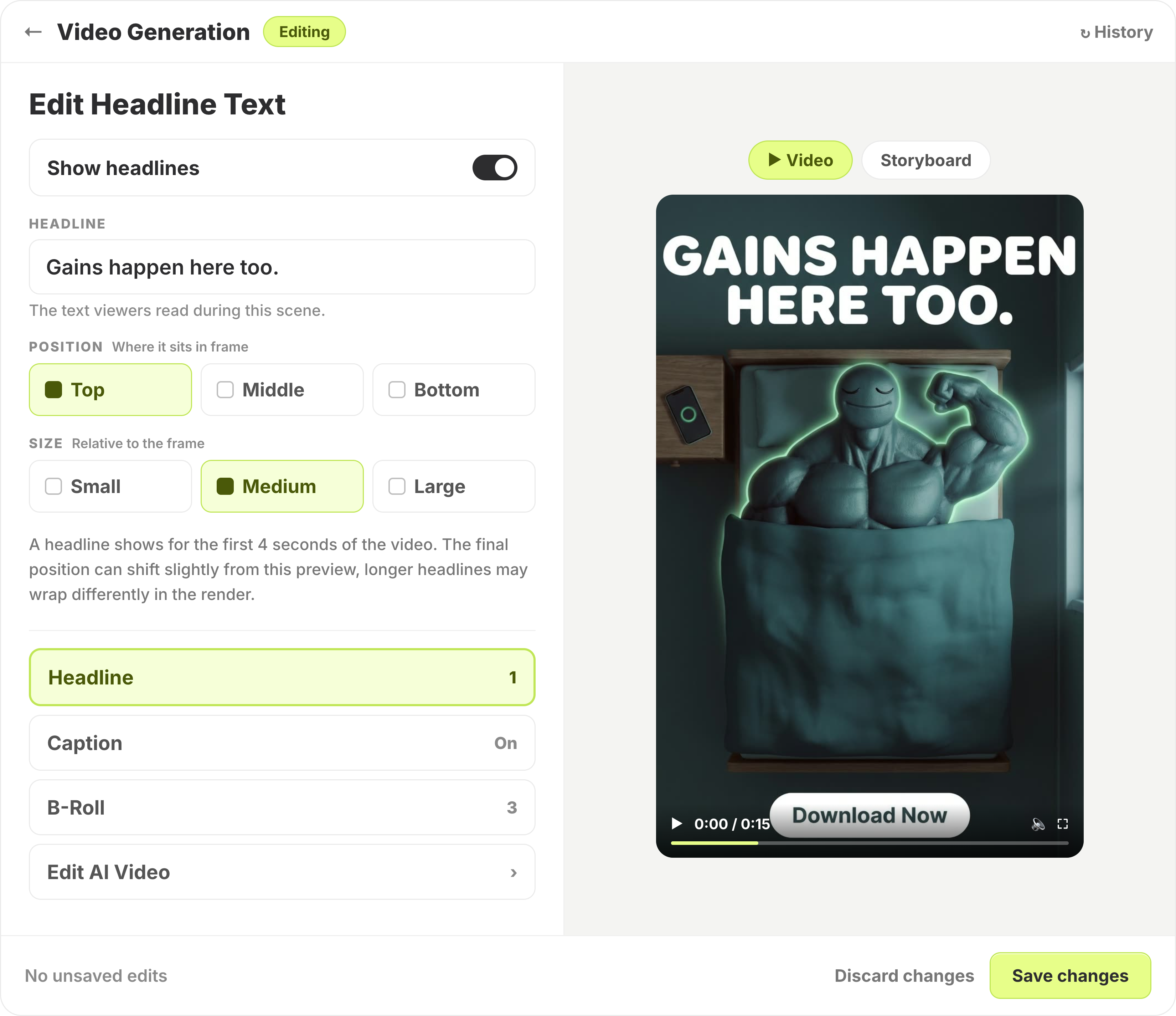 Editing the headline of a generated video ad in Segwise