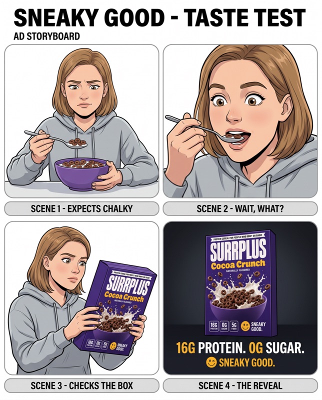 Taste-first hook, nutrition as the reveal